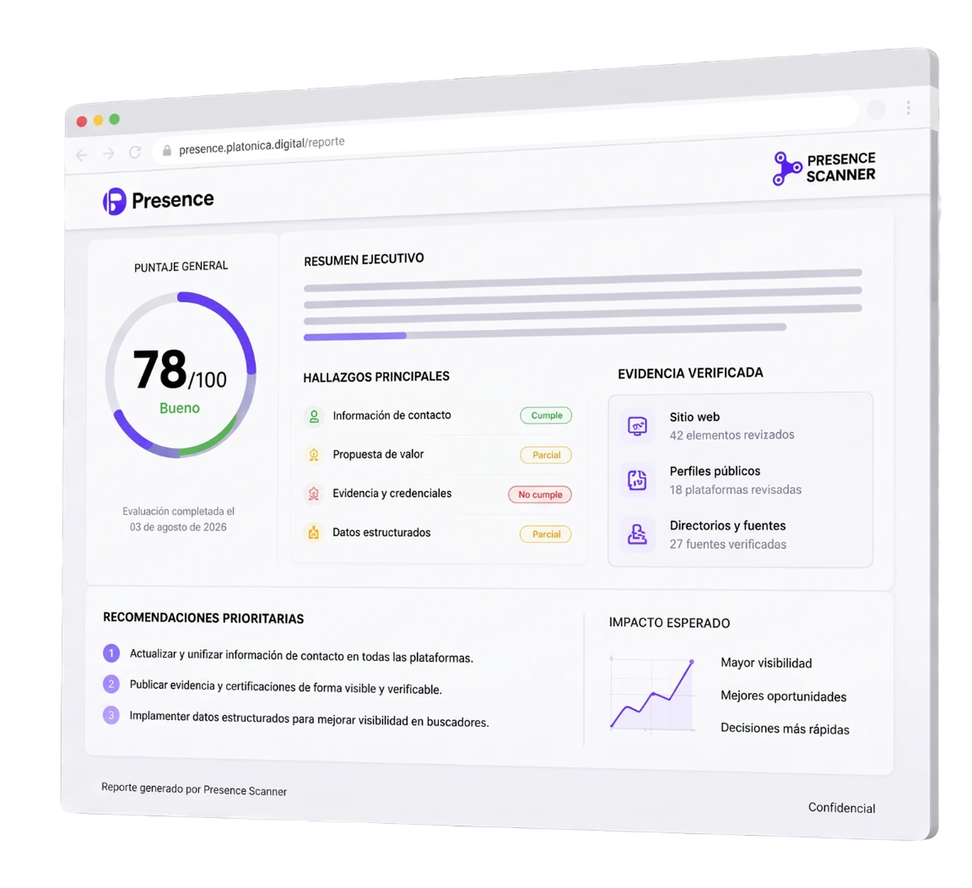 View of the Commercial Visibility Audit report with score, findings, and prioritized recommendations