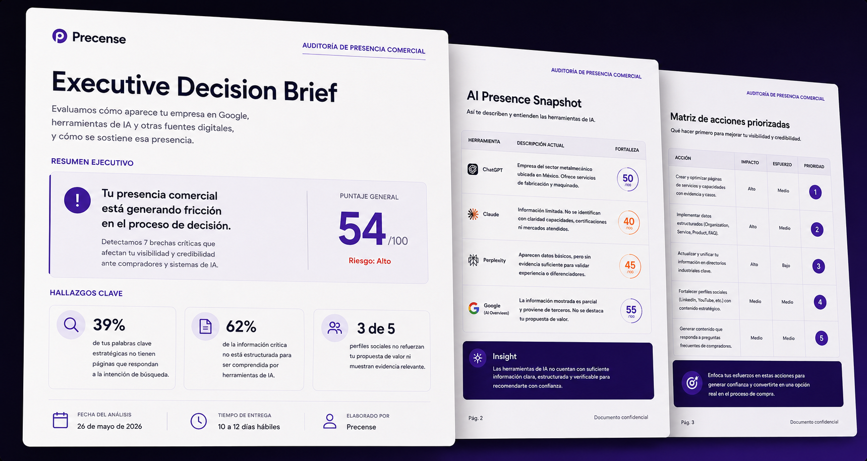 Vista previa del Executive Decision Brief, AI Presence Snapshot y Matriz de acciones priorizadas de la Auditoría de Presencia Comercial.