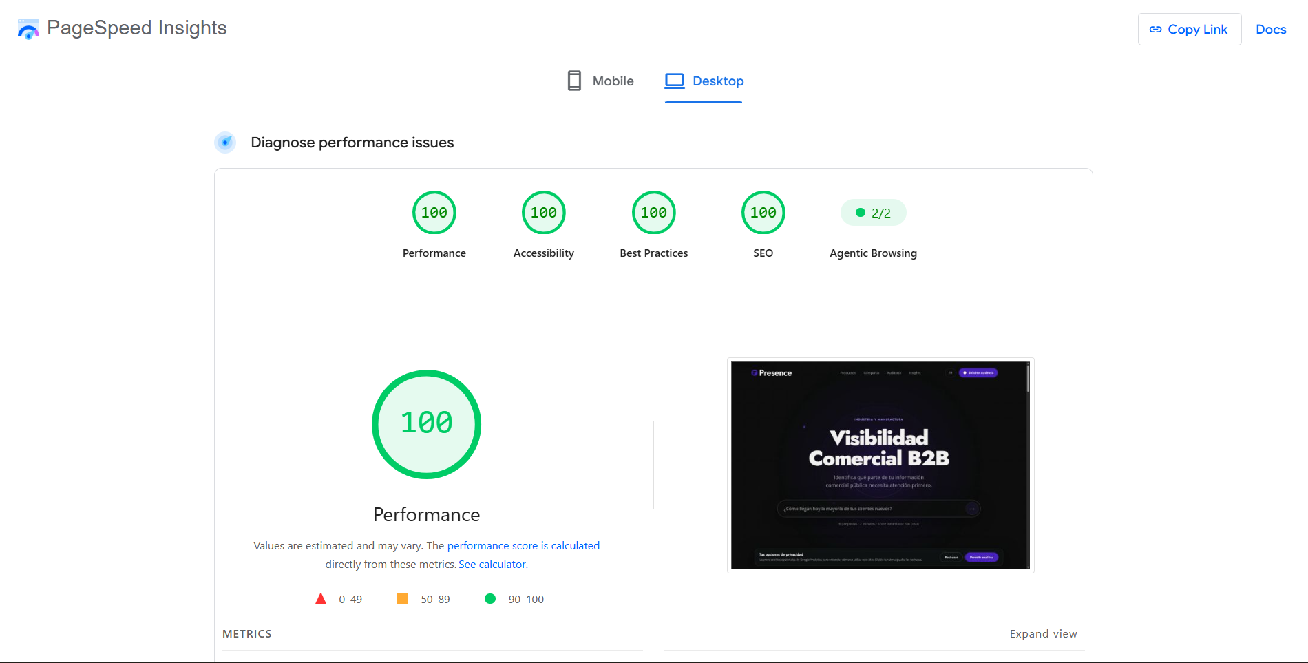 Resultado de PageSpeed Insights de Platonica Presence con puntuaciones de 100 en desempeño, accesibilidad, buenas prácticas y SEO