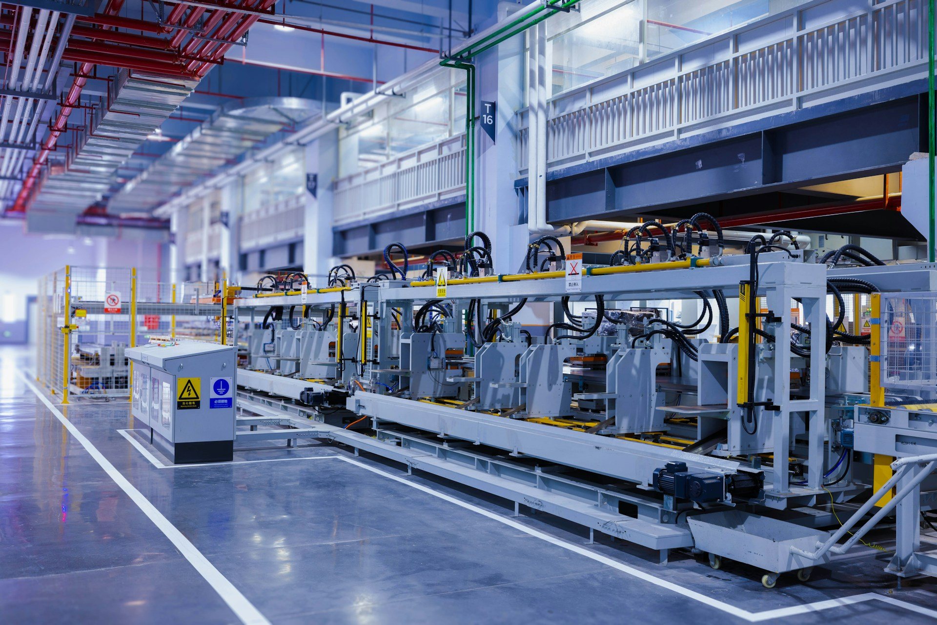 Automated production line inside an industrial facility